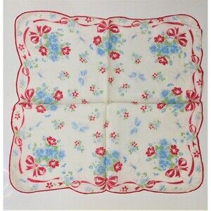 Vintage Ladies Handkerchief Scalloped Edges Red Blue Flowers Blue Dragonflies